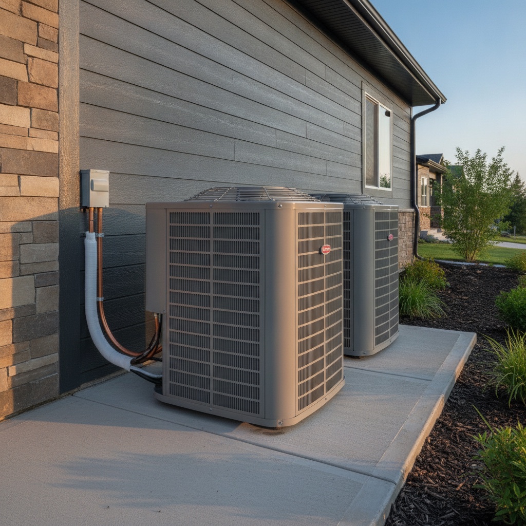 Dual high-efficiency AC condensers freshly installed beside a modern Calgary home by Sunny Heating and Cooling